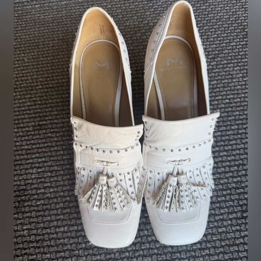 Marc Fisher Cream Tassel Loafers with Silver Studs